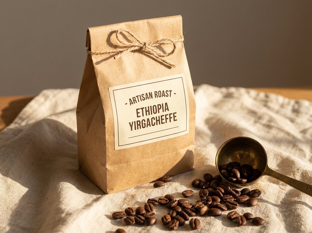 Kraft bag of freshly roasted beans