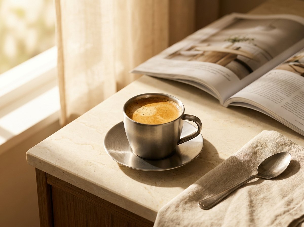 Double espresso in a steel cup