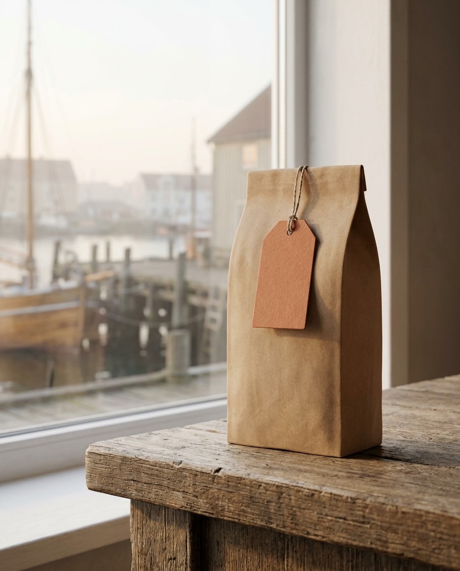 A kraft Harbor Roast coffee bag on a wood counter in morning light