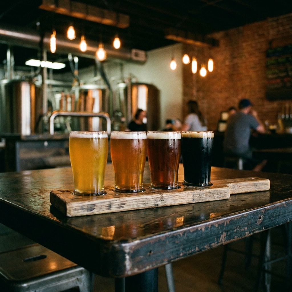 A flight of four Ironline beers from pale to stout lined up on a wooden paddle