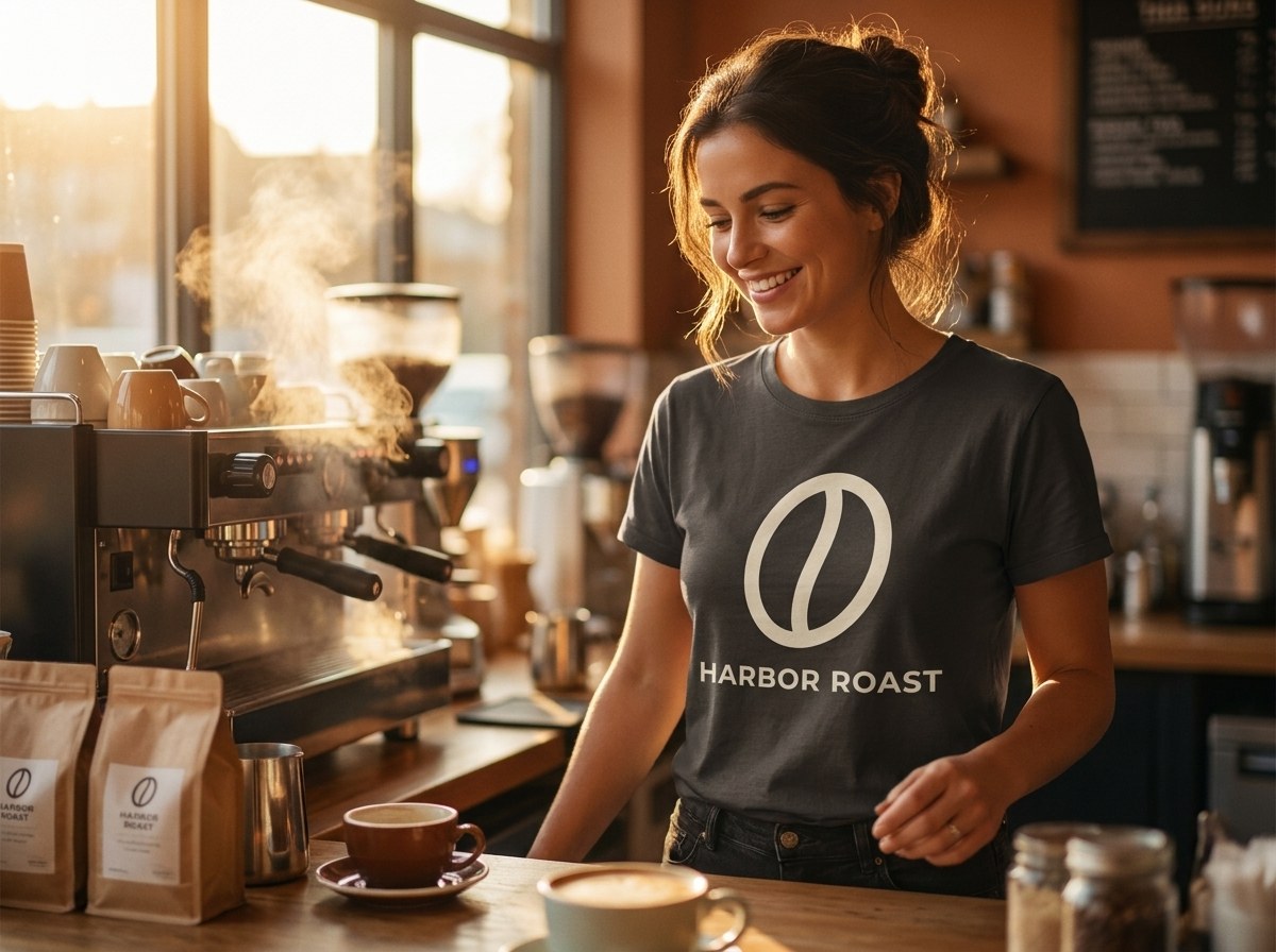 Team member wearing a charcoal brand tee in a coffee shop